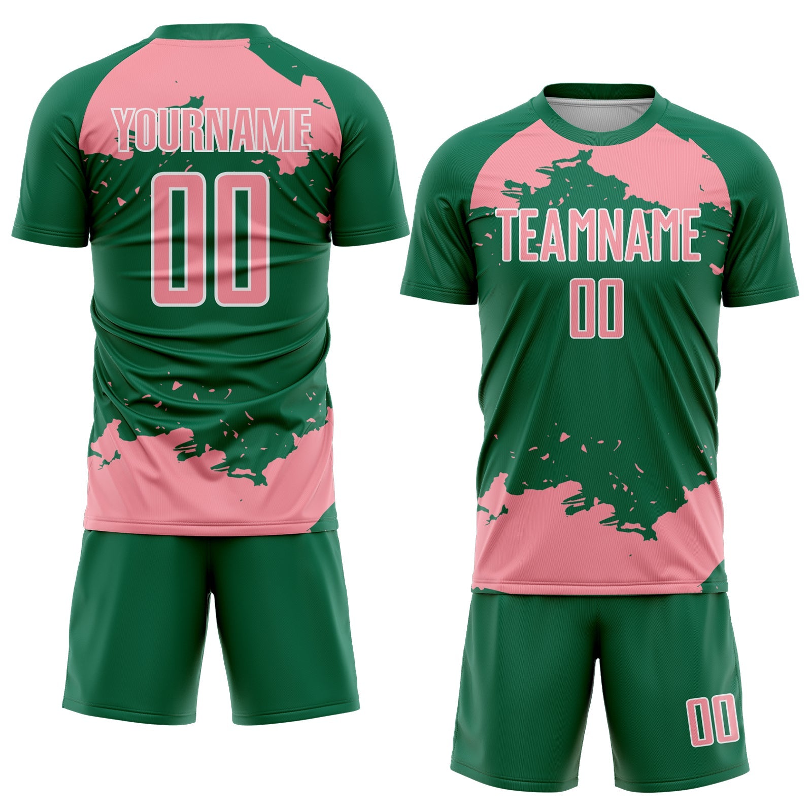 Custom Kelly Green Medium Pink-White Abstract Fragment Art Sublimation Soccer Uniform Jersey view 2
