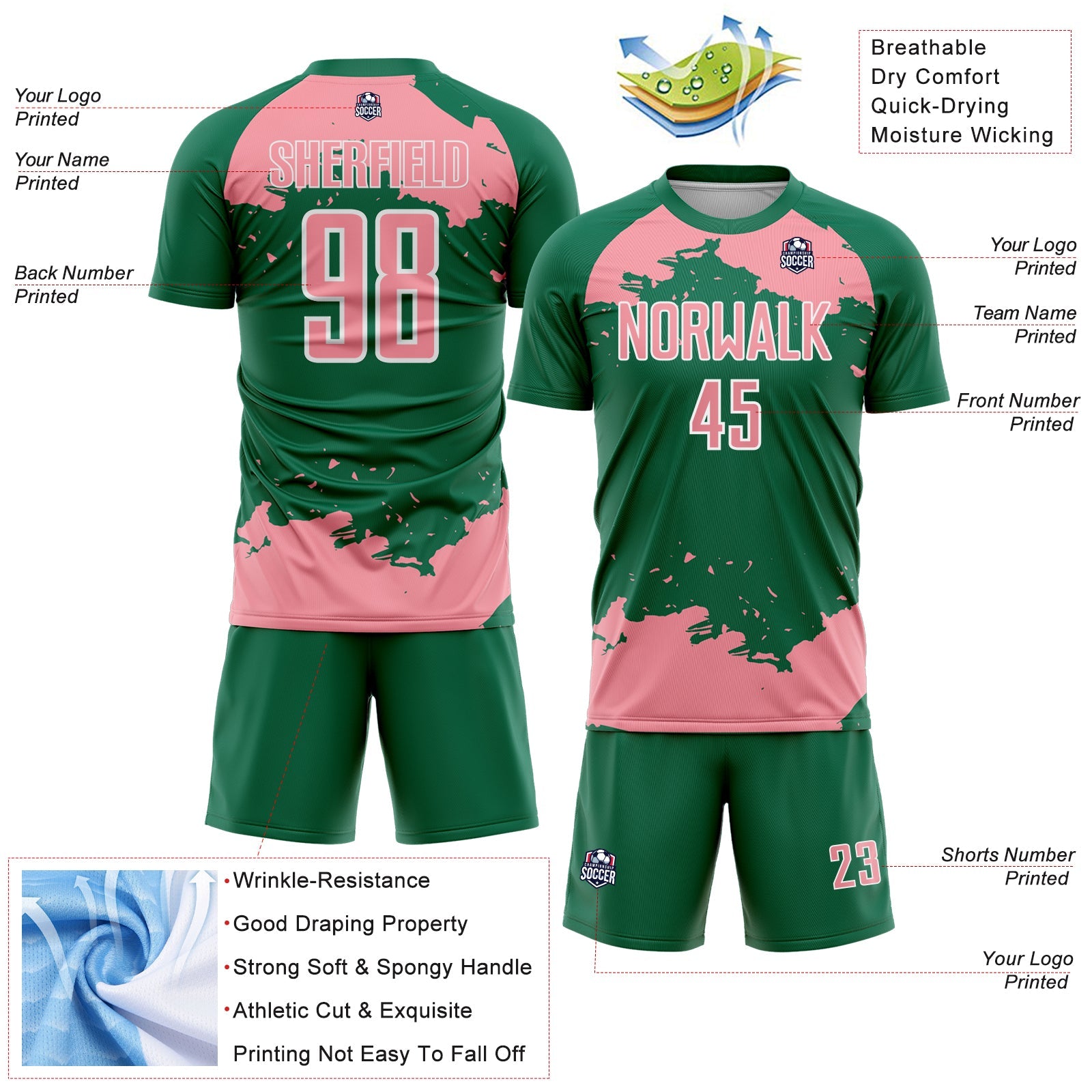 Custom Kelly Green Medium Pink-White Abstract Fragment Art Sublimation Soccer Uniform Jersey view 4