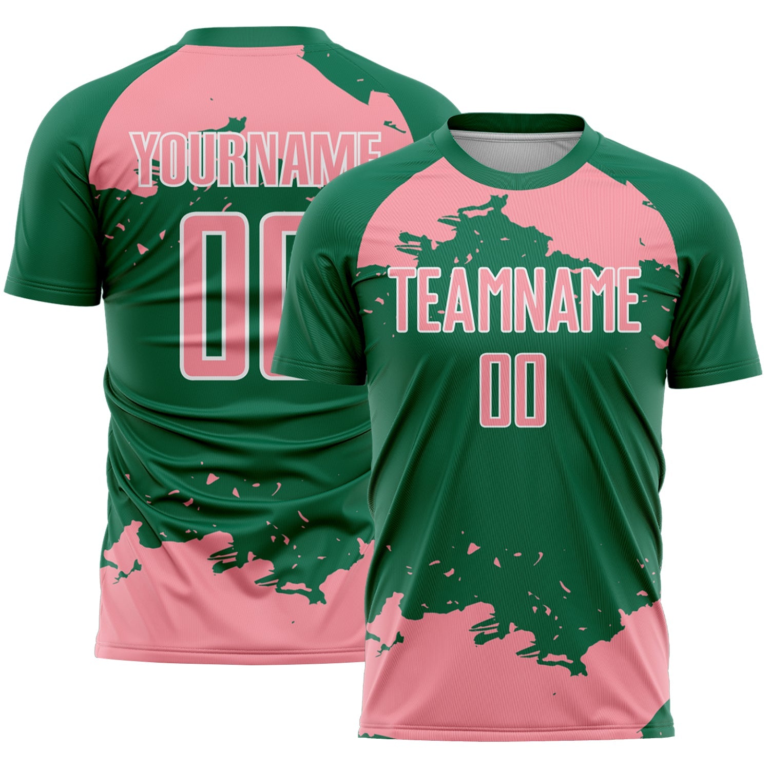 Custom Kelly Green Medium Pink-White Abstract Fragment Art Sublimation Soccer Uniform Jersey - Main View