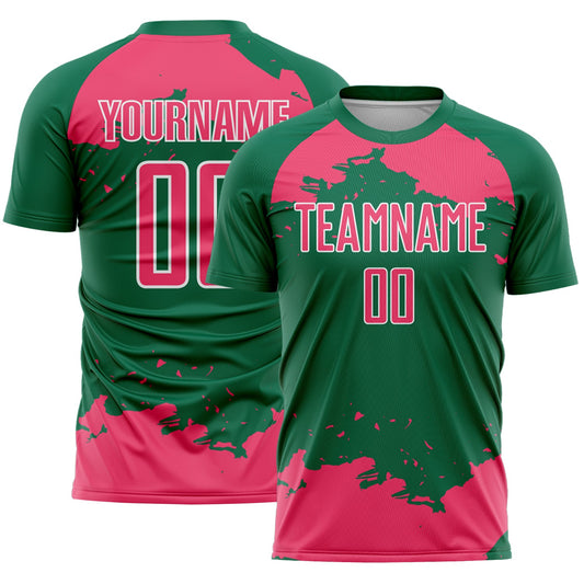Custom Kelly Green Neon Pink-White Abstract Fragment Art Sublimation Soccer Uniform Jersey - Main View