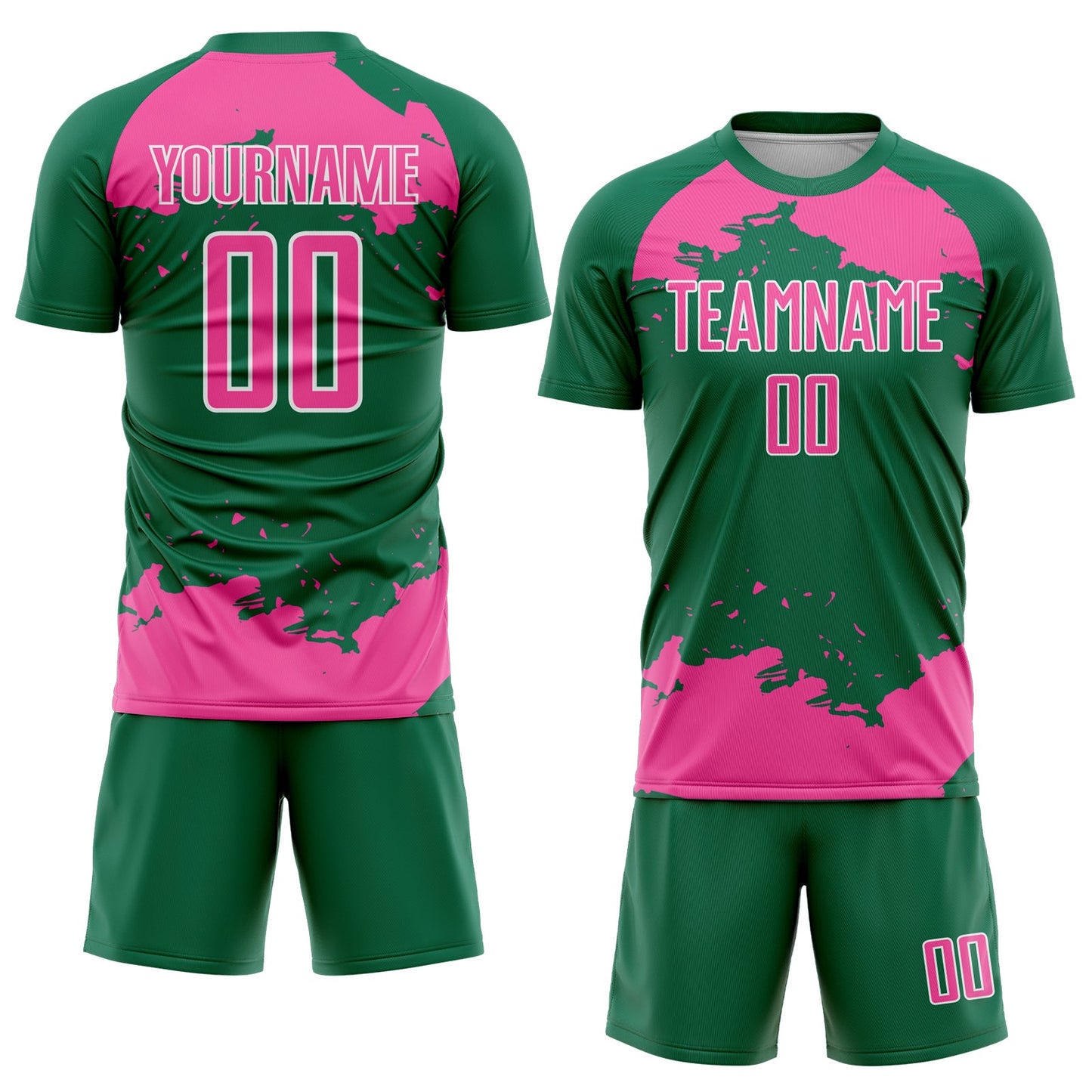 Custom Kelly Green Pink-White Abstract Fragment Art Sublimation Soccer Uniform Jersey view 2