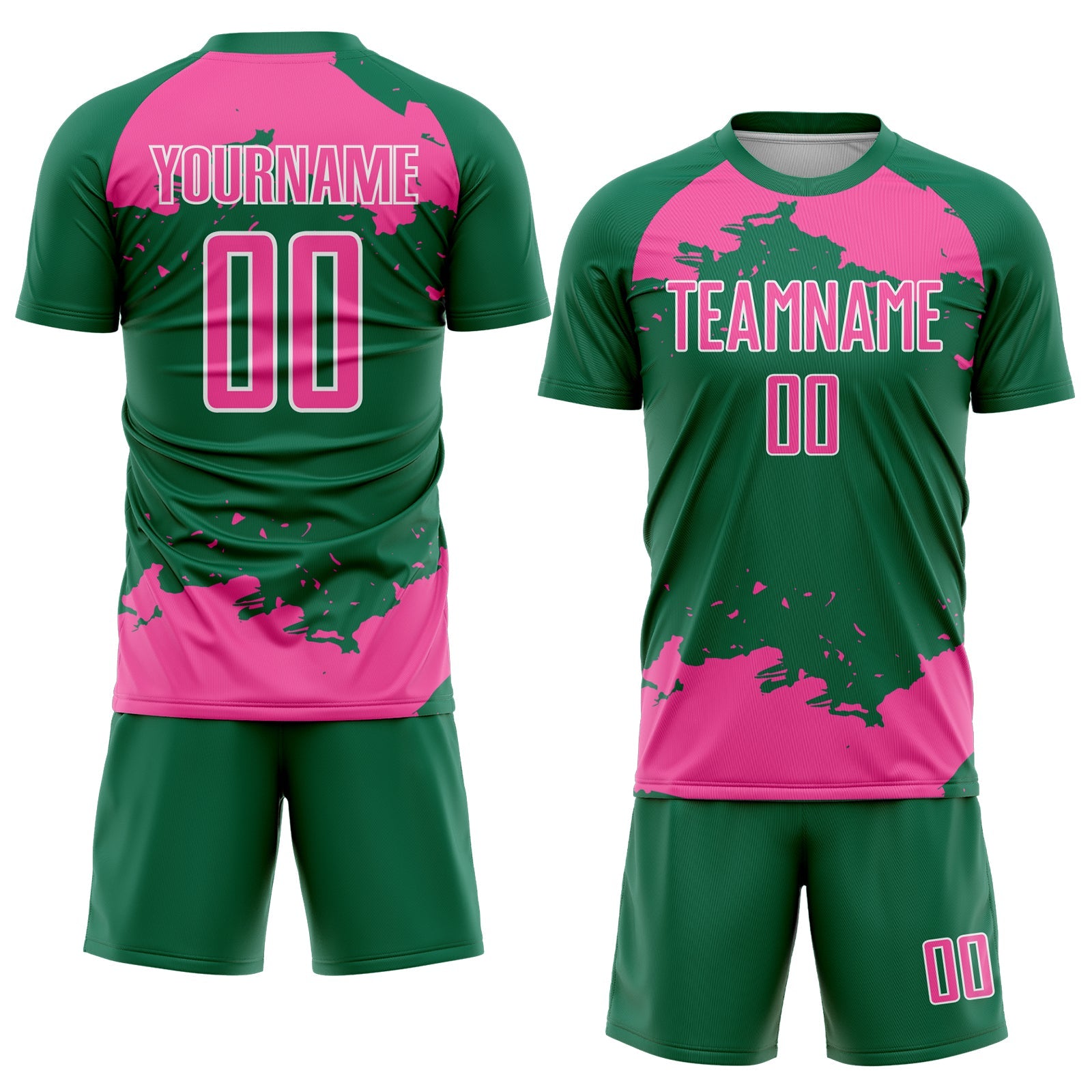 Custom Kelly Green Pink-White Abstract Fragment Art Sublimation Soccer Uniform Jersey view 2