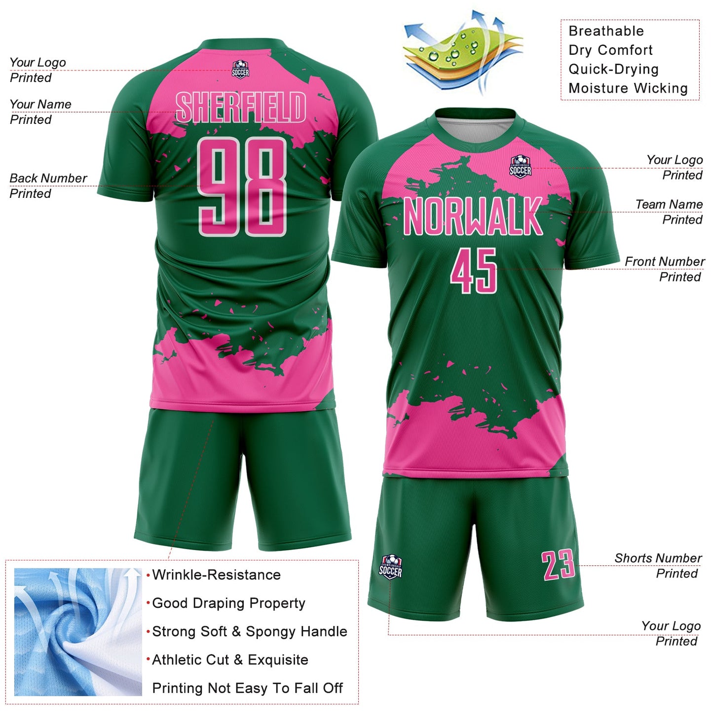 Custom Kelly Green Pink-White Abstract Fragment Art Sublimation Soccer Uniform Jersey view 4