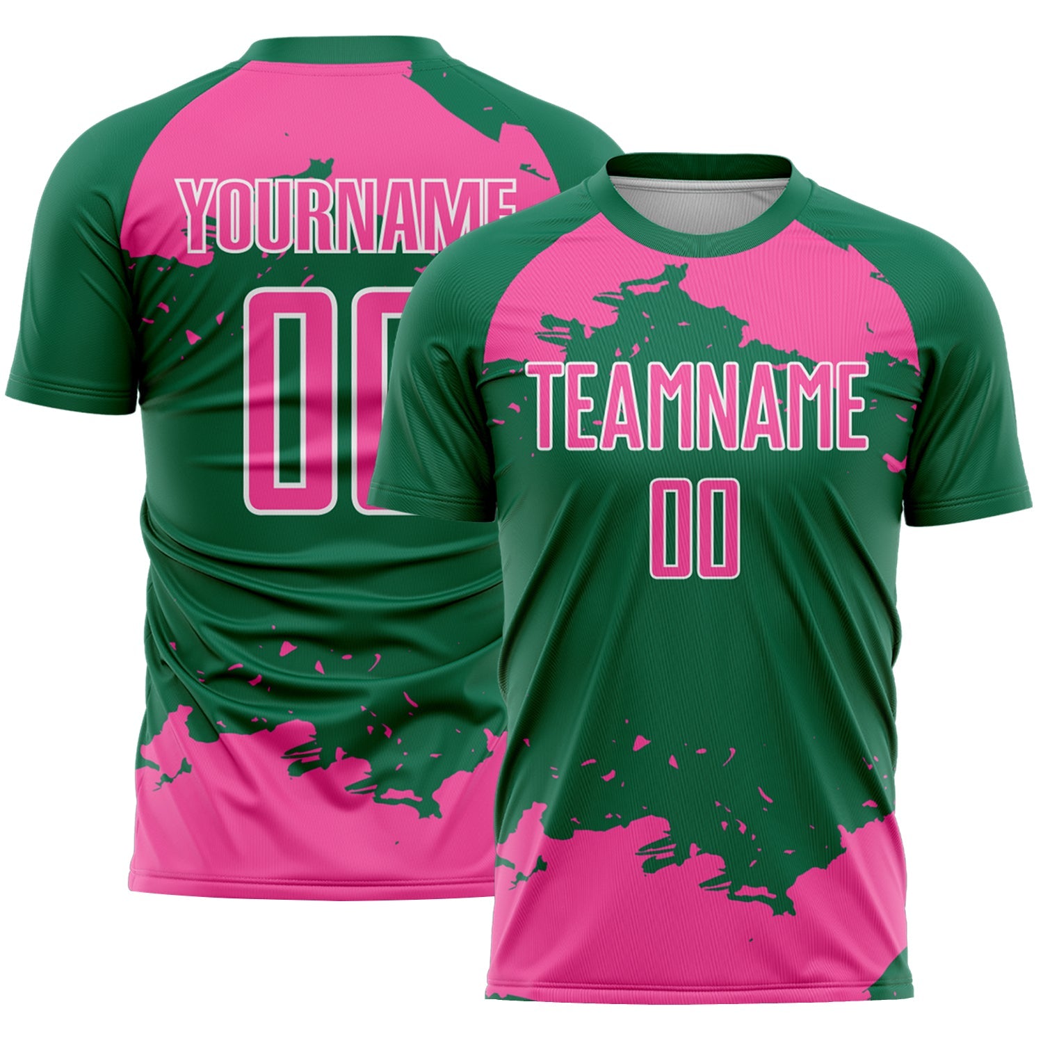 Custom Kelly Green Pink-White Abstract Fragment Art Sublimation Soccer Uniform Jersey - Main View