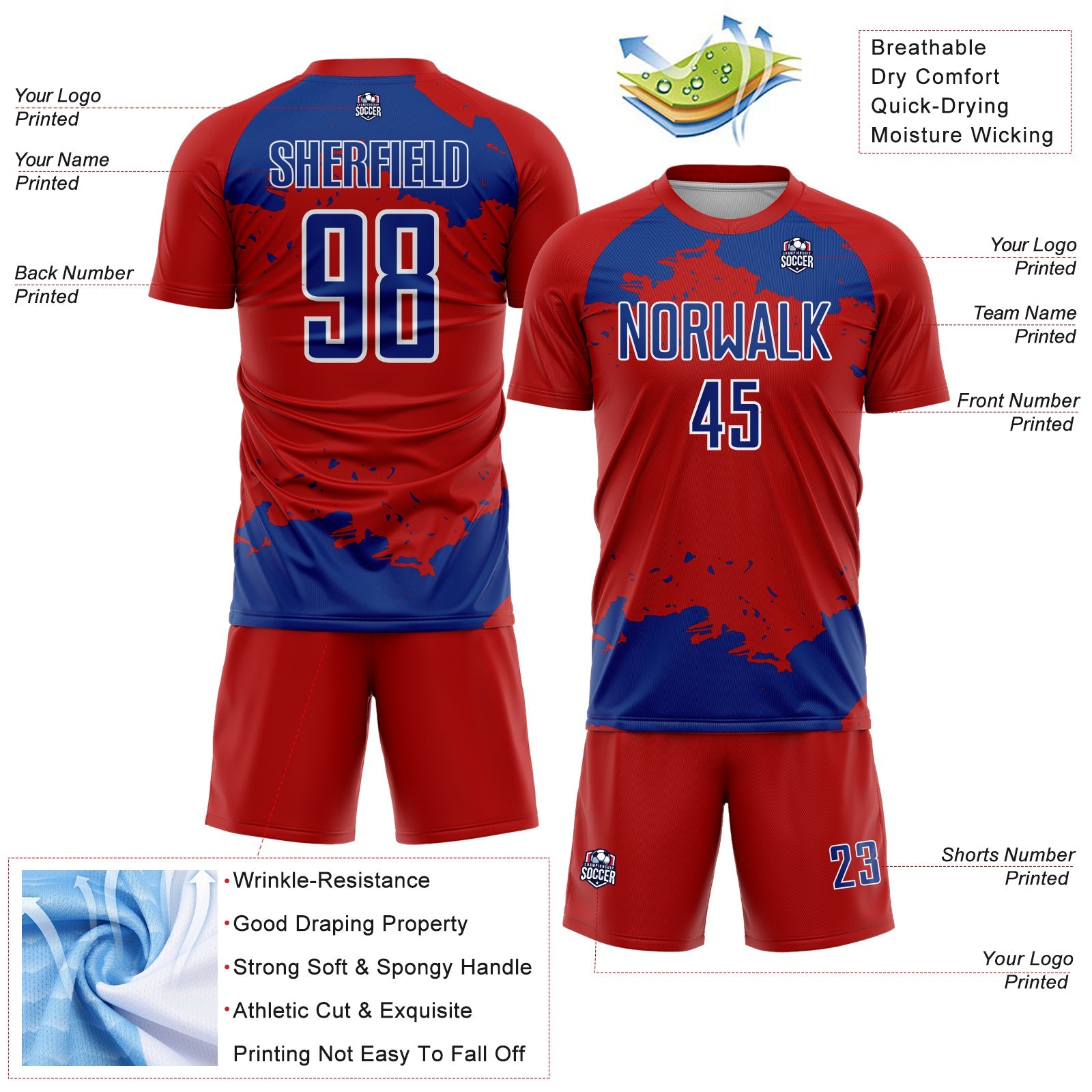 Custom Red Royal-White Abstract Fragment Art Sublimation Soccer Uniform Jersey view 4