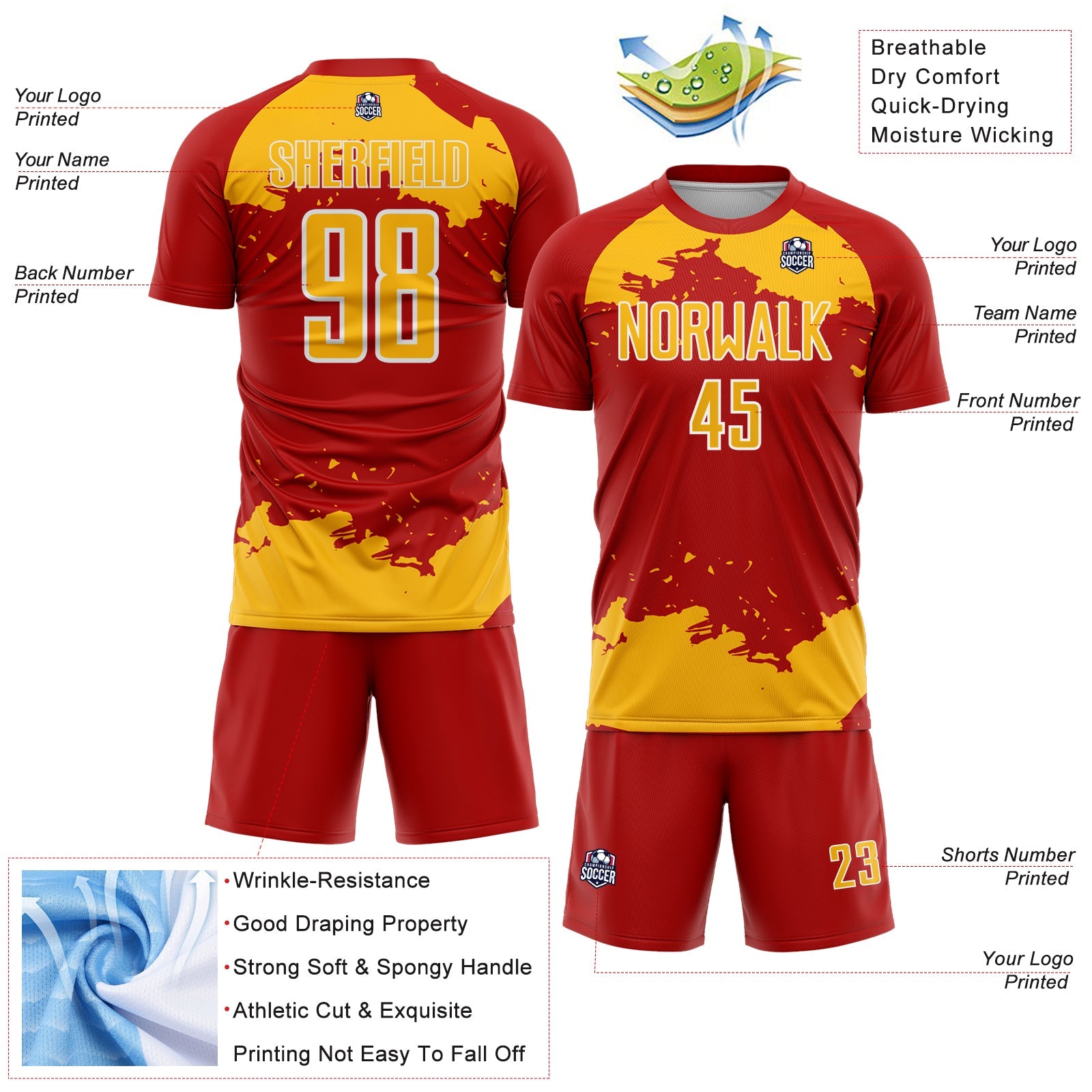 Custom Red Gold-White Abstract Fragment Art Sublimation Soccer Uniform Jersey view 4