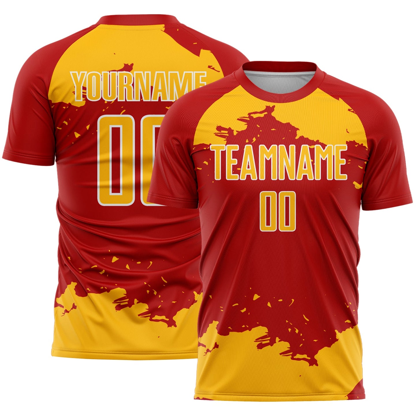 Custom Red Gold-White Abstract Fragment Art Sublimation Soccer Uniform Jersey - Main View