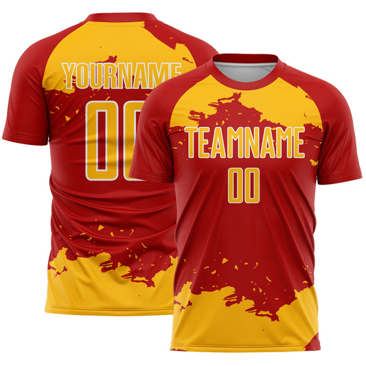 Custom Red Gold-White Abstract Fragment Art Sublimation Soccer Uniform Jersey - Main View