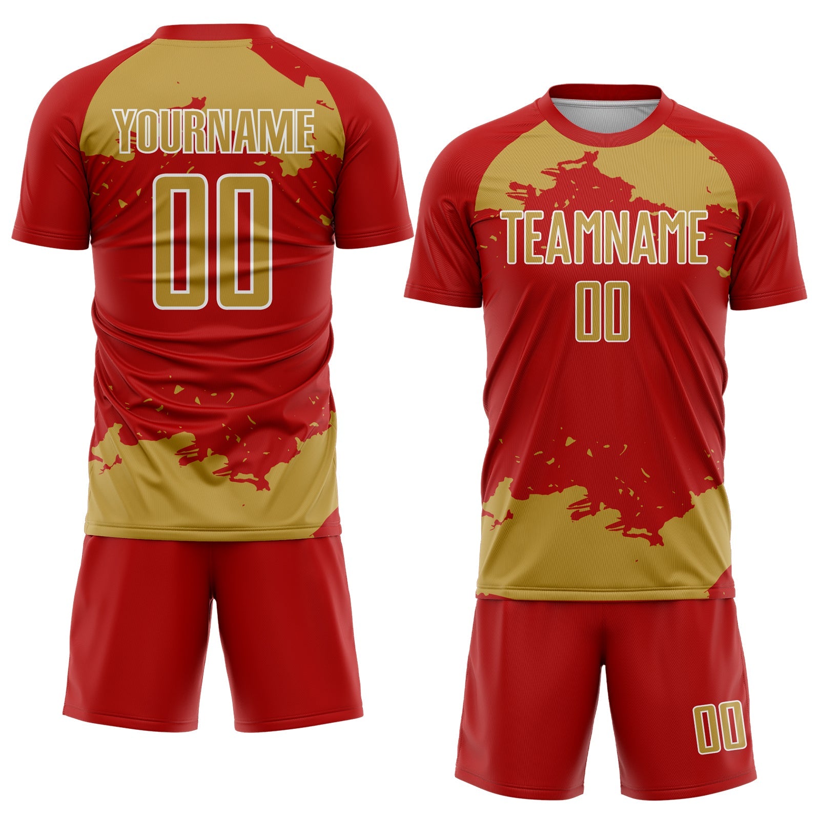 Custom Red Old Gold-White Abstract Fragment Art Sublimation Soccer Uniform Jersey view 2