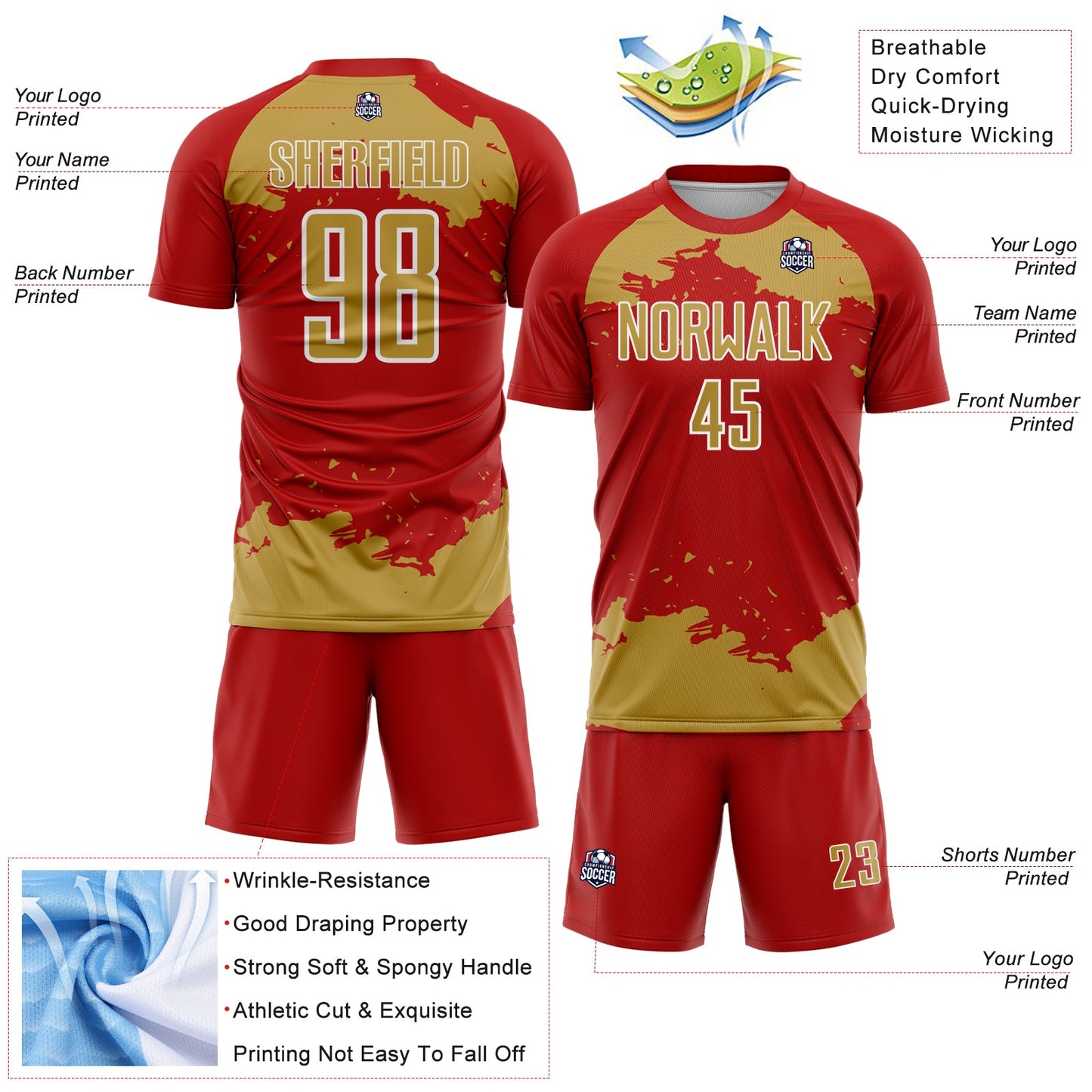 Custom Red Old Gold-White Abstract Fragment Art Sublimation Soccer Uniform Jersey view 4