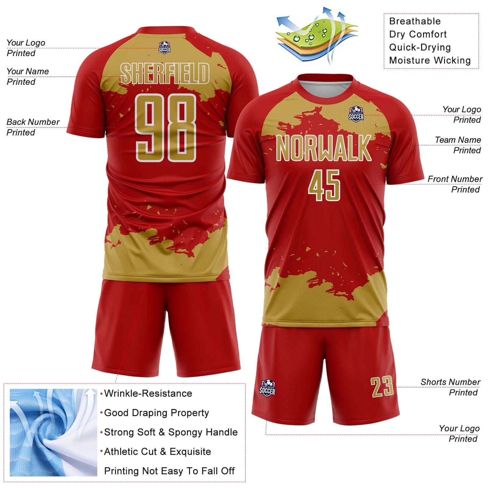Custom Red Old Gold-White Abstract Fragment Art Sublimation Soccer Uniform Jersey view 4