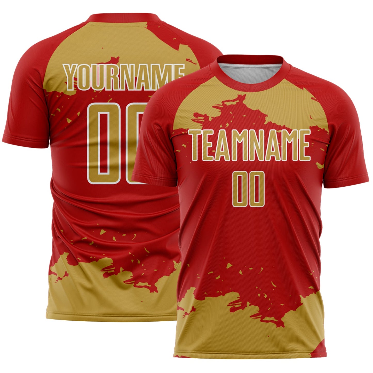 Custom Red Old Gold-White Abstract Fragment Art Sublimation Soccer Uniform Jersey - Main View