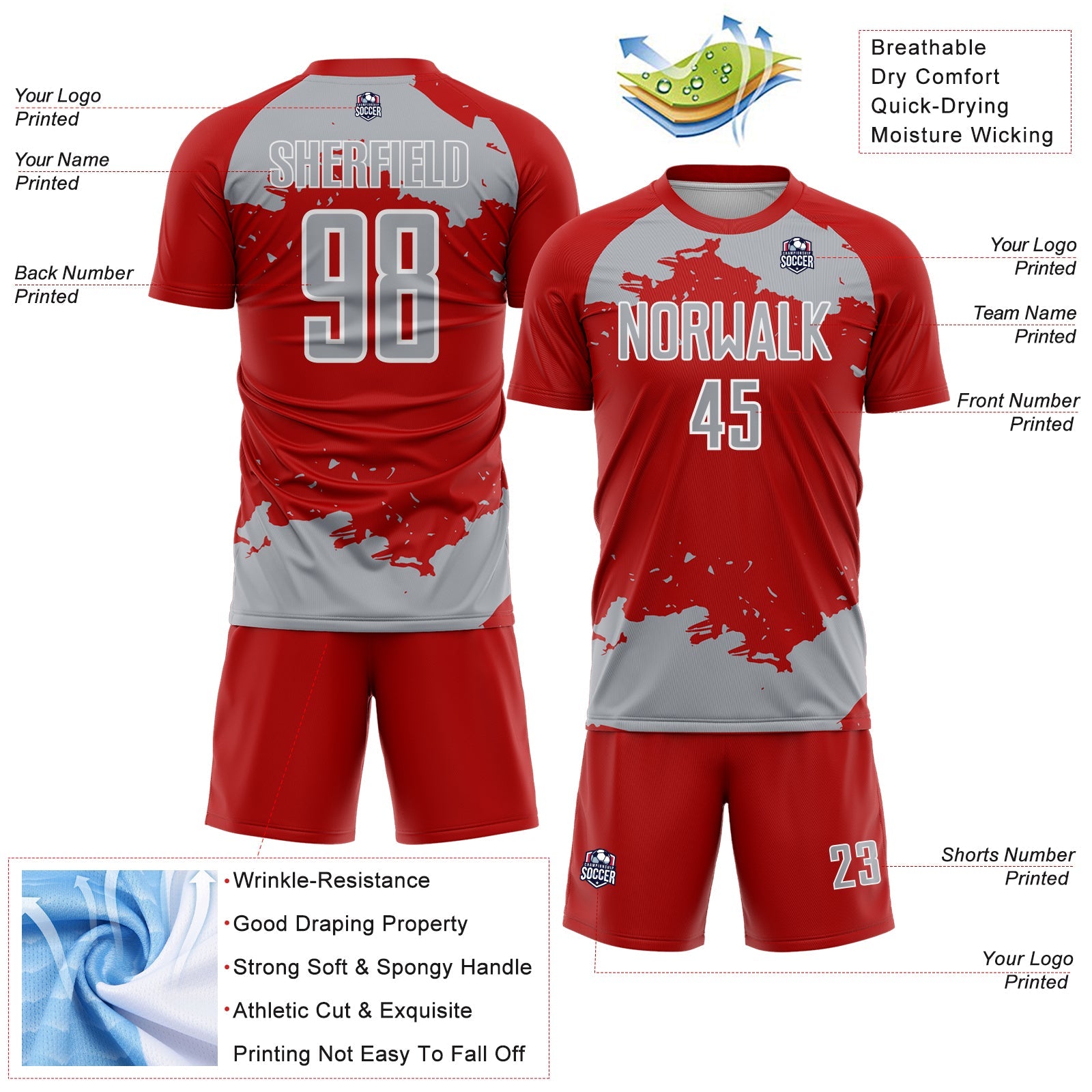 Custom Red Gray-White Abstract Fragment Art Sublimation Soccer Uniform Jersey view 4