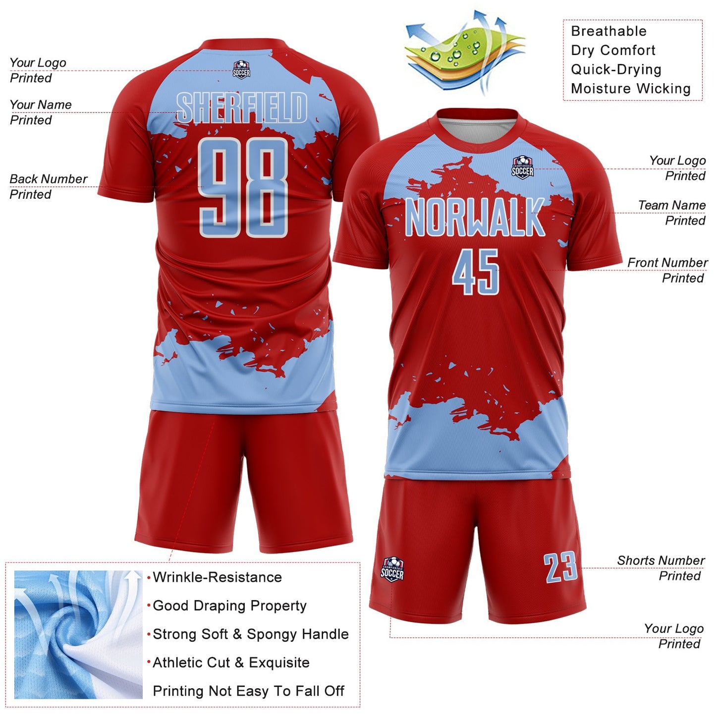 Custom Red Light Blue-White Abstract Fragment Art Sublimation Soccer Uniform Jersey view 4