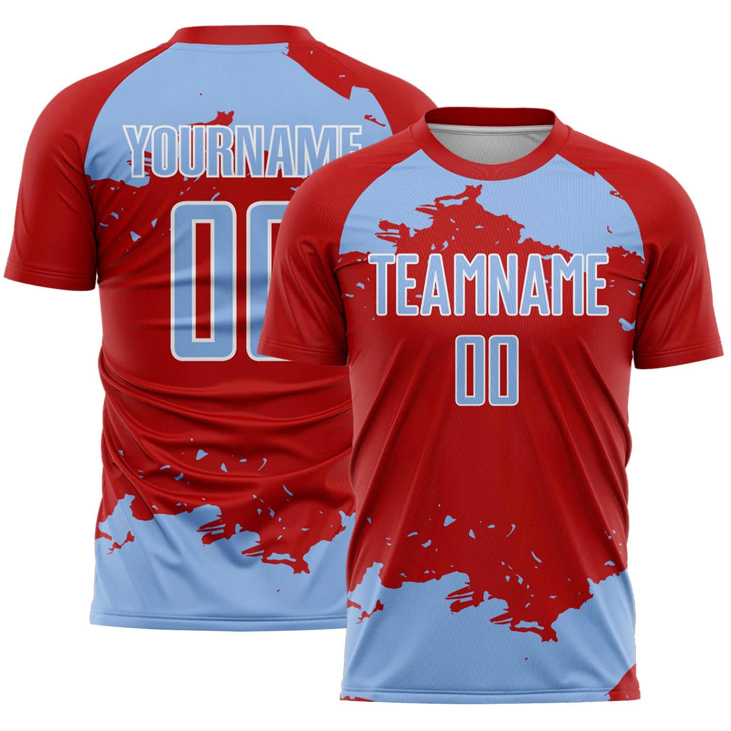 Custom Red Light Blue-White Abstract Fragment Art Sublimation Soccer Uniform Jersey - Main View