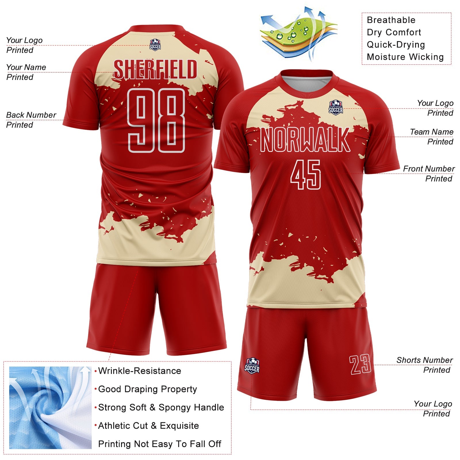 Custom Red Cream-White Abstract Fragment Art Sublimation Soccer Uniform Jersey view 4