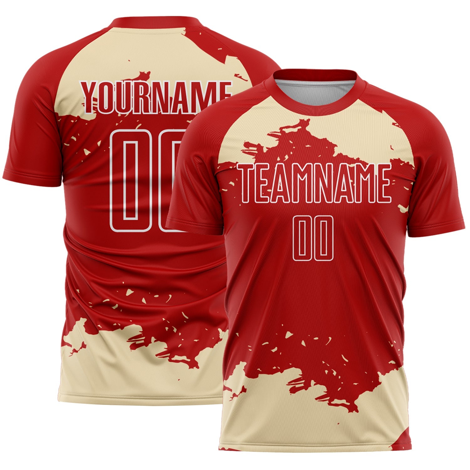 Custom Red Cream-White Abstract Fragment Art Sublimation Soccer Uniform Jersey - Main View