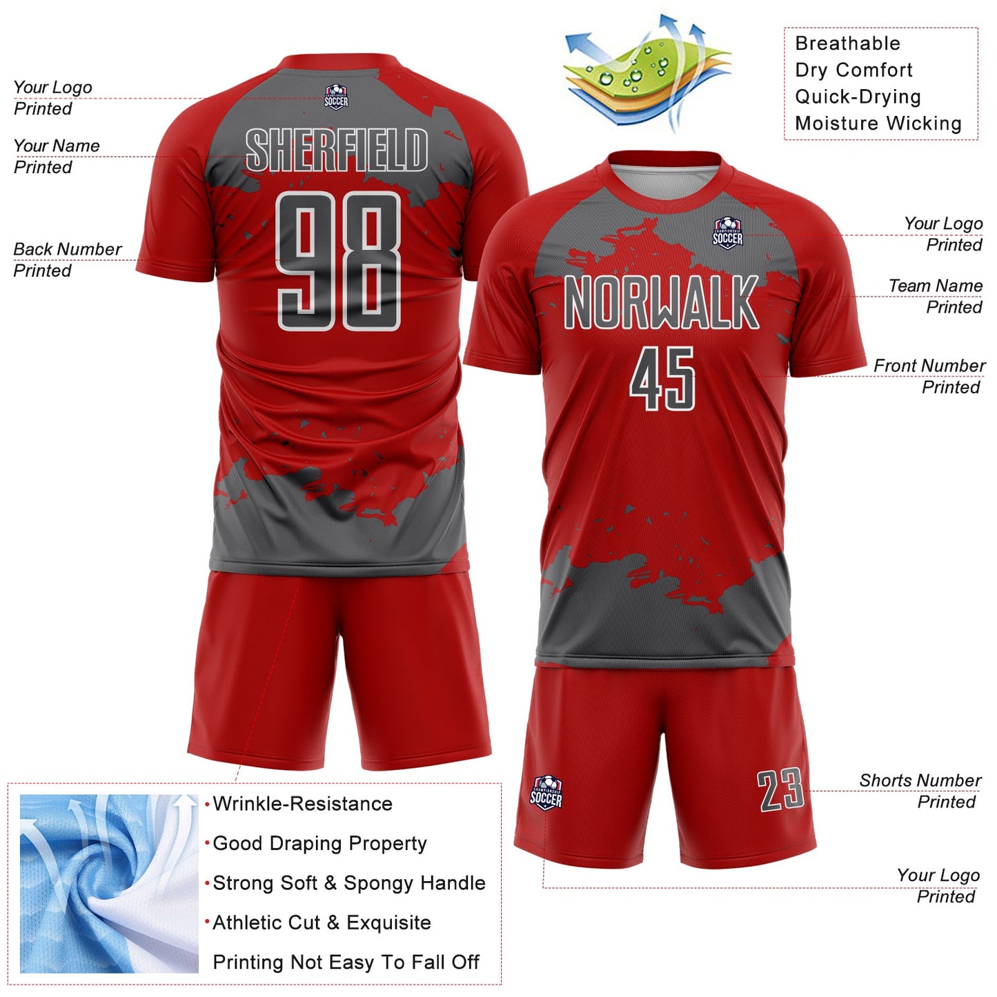 Custom Red Steel Gray-White Abstract Fragment Art Sublimation Soccer Uniform Jersey view 4