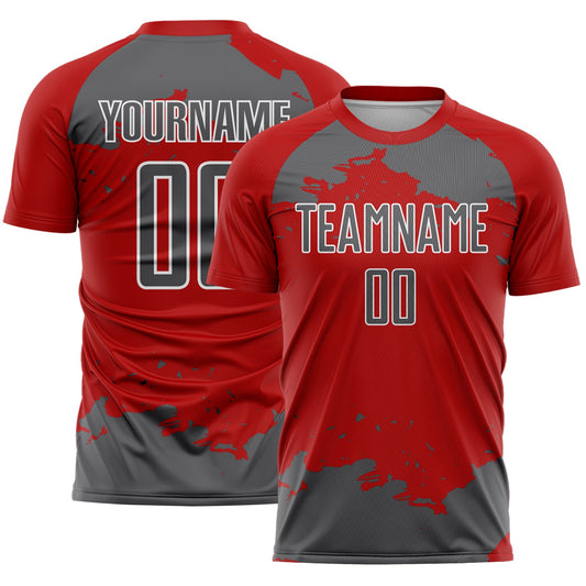 Custom Red Steel Gray-White Abstract Fragment Art Sublimation Soccer Uniform Jersey - Main View