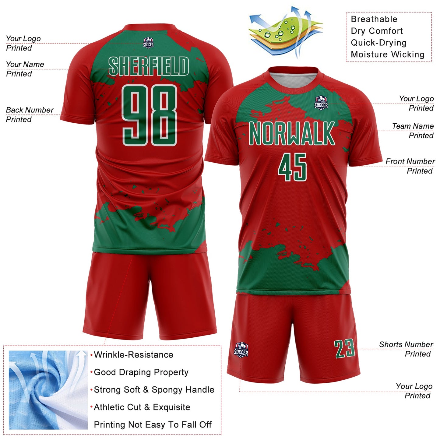 Custom Red Kelly Green-White Abstract Fragment Art Sublimation Soccer Uniform Jersey view 4
