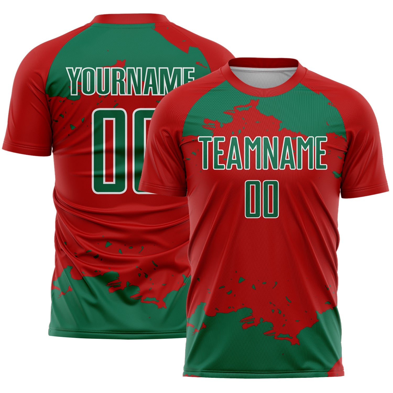 Custom Red Kelly Green-White Abstract Fragment Art Sublimation Soccer Uniform Jersey - Main View