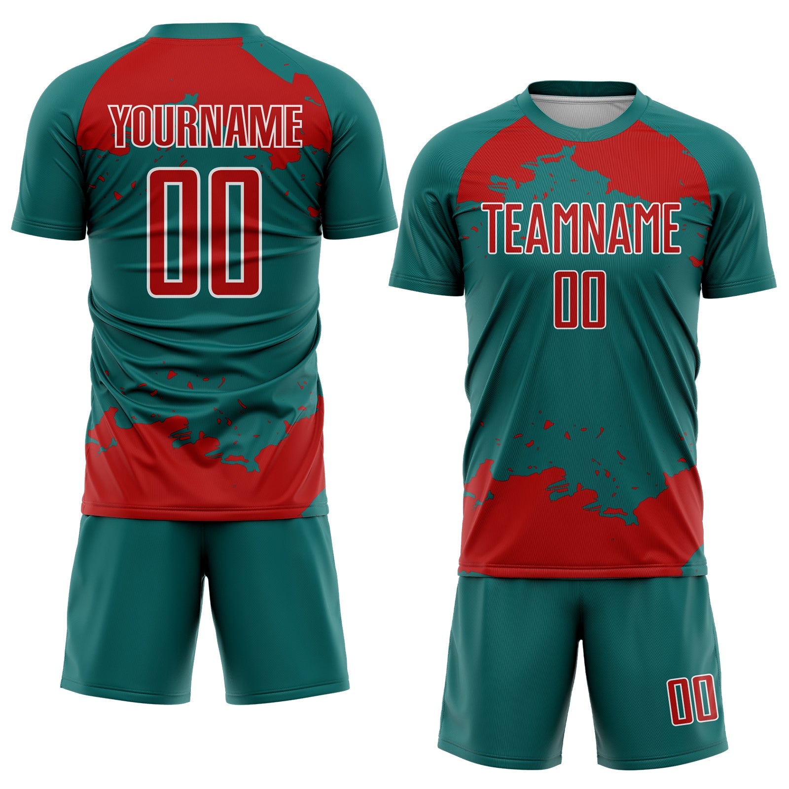 Custom Teal Red-White Abstract Fragment Art Sublimation Soccer Uniform Jersey view 2