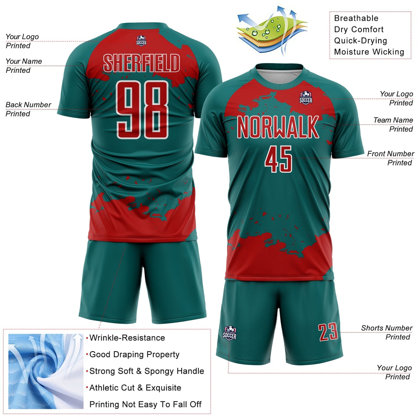 Custom Teal Red-White Abstract Fragment Art Sublimation Soccer Uniform Jersey view 4