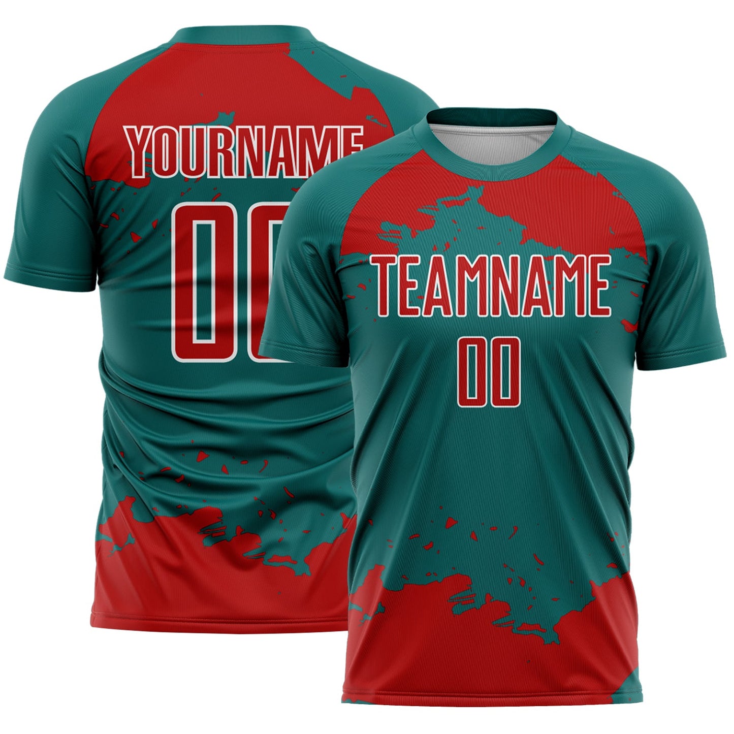 Custom Teal Red-White Abstract Fragment Art Sublimation Soccer Uniform Jersey - Main View