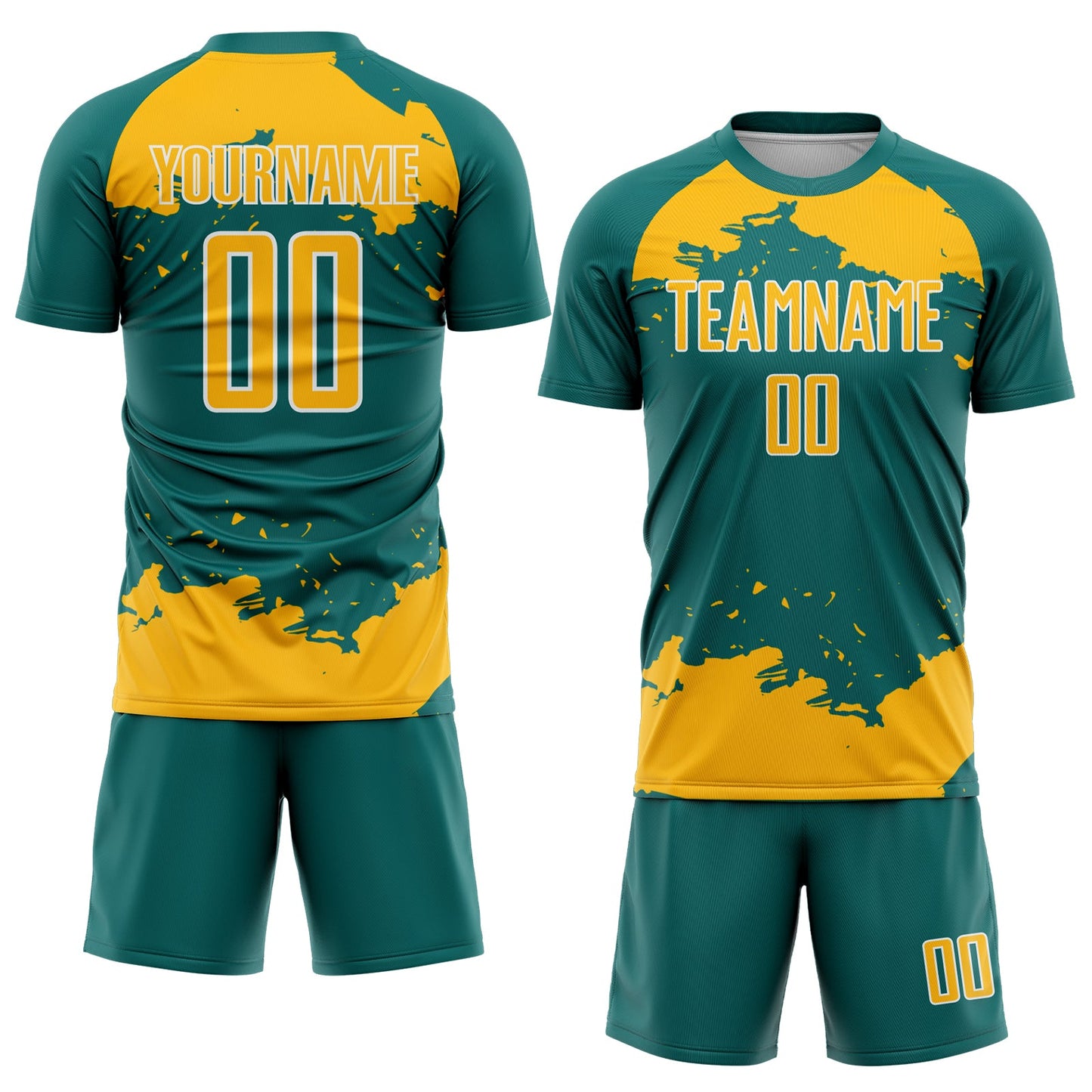 Custom Teal Gold-White Abstract Fragment Art Sublimation Soccer Uniform Jersey view 2