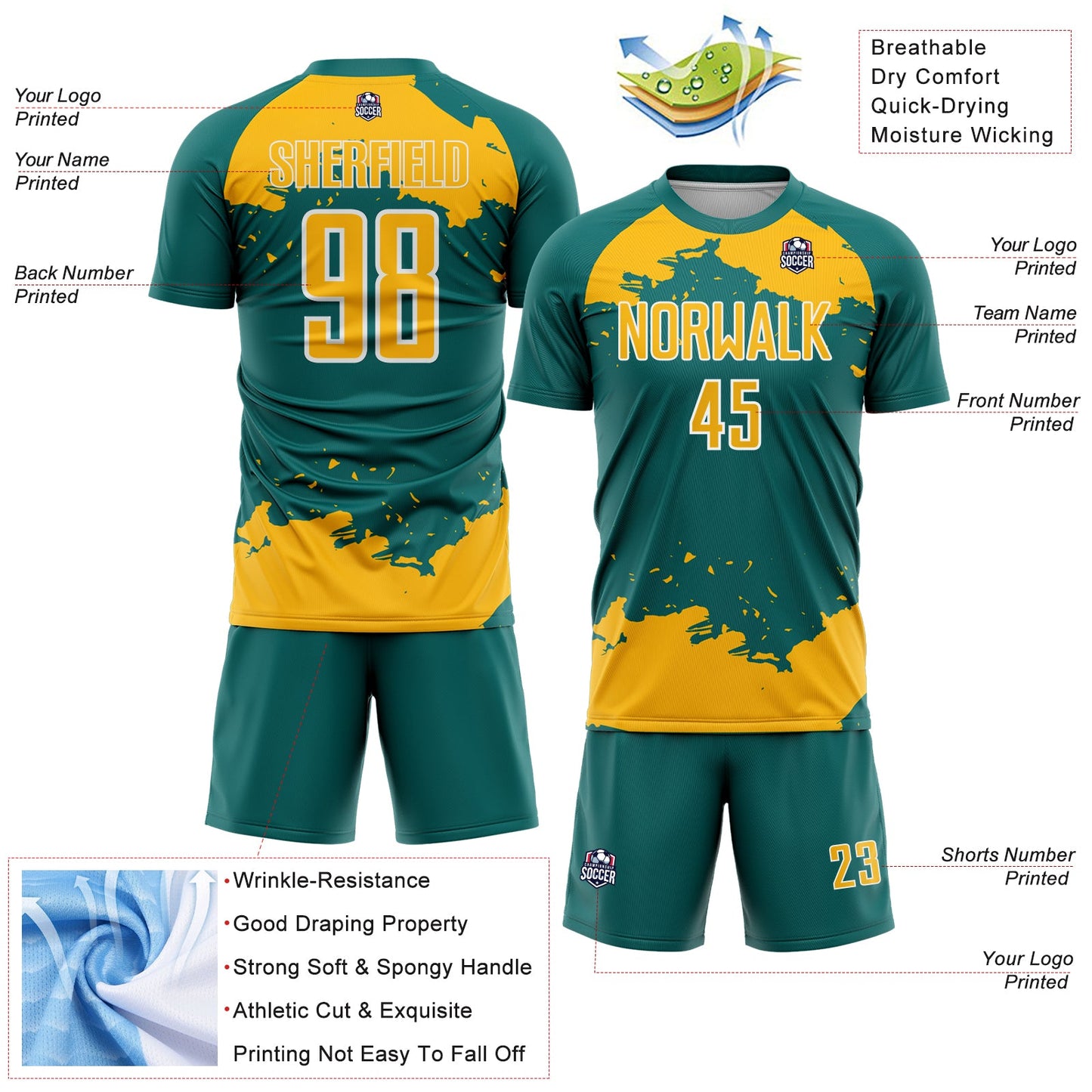 Custom Teal Gold-White Abstract Fragment Art Sublimation Soccer Uniform Jersey view 4