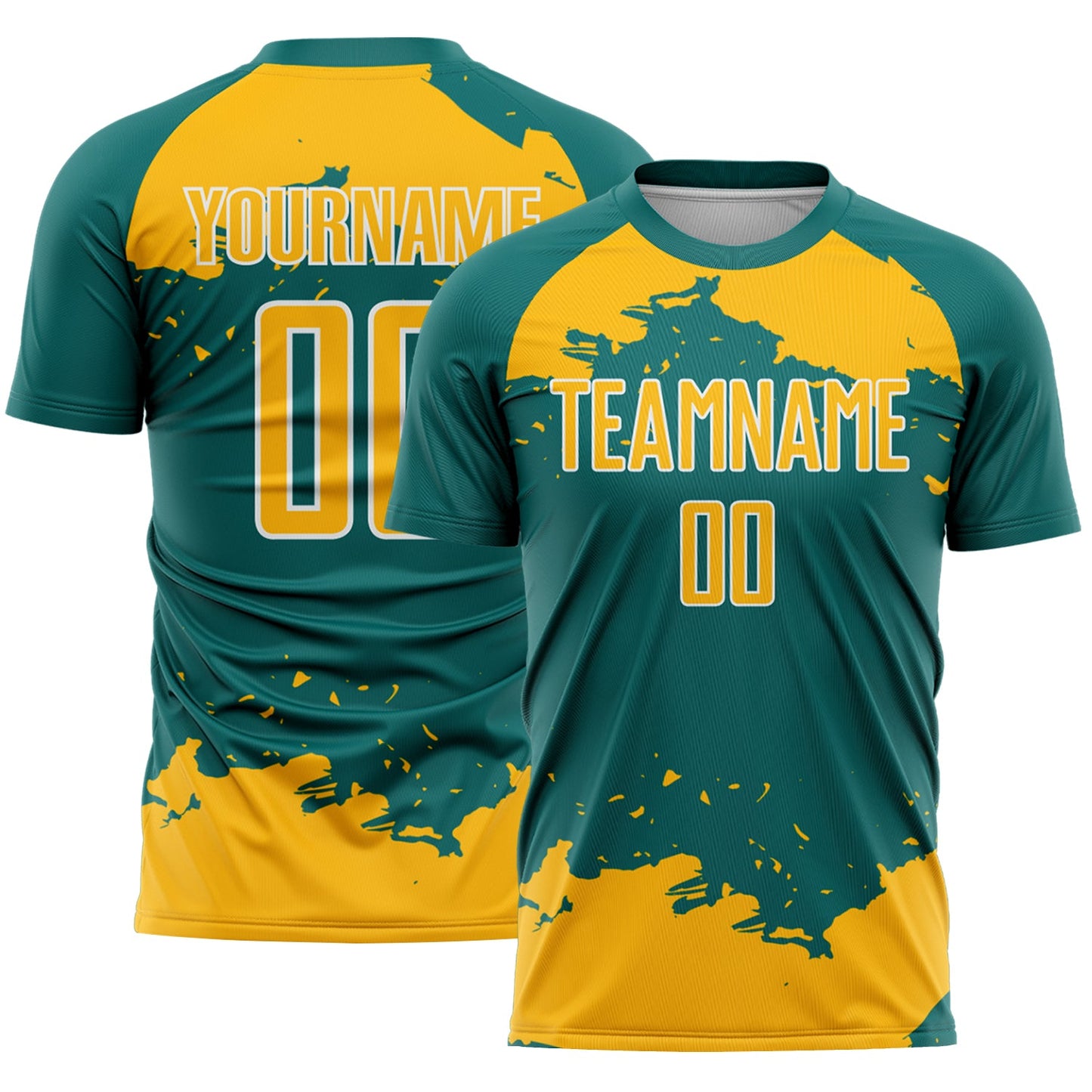 Custom Teal Gold-White Abstract Fragment Art Sublimation Soccer Uniform Jersey - Main View