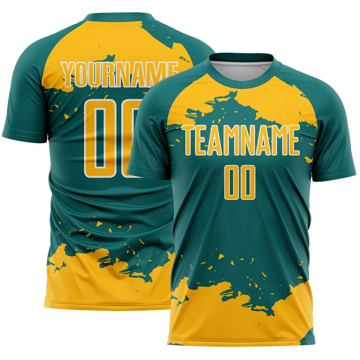 Custom Teal Gold-White Abstract Fragment Art Sublimation Soccer Uniform Jersey - Main View