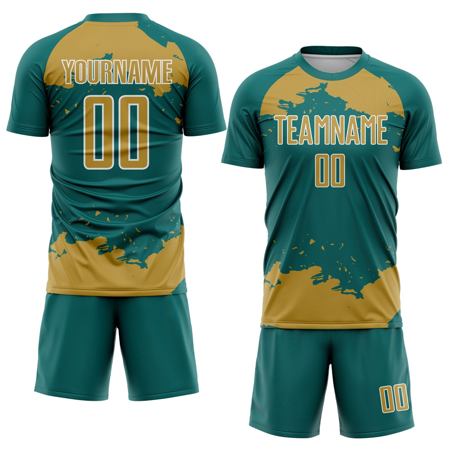 Custom Teal Old Gold-White Abstract Fragment Art Sublimation Soccer Uniform Jersey view 2