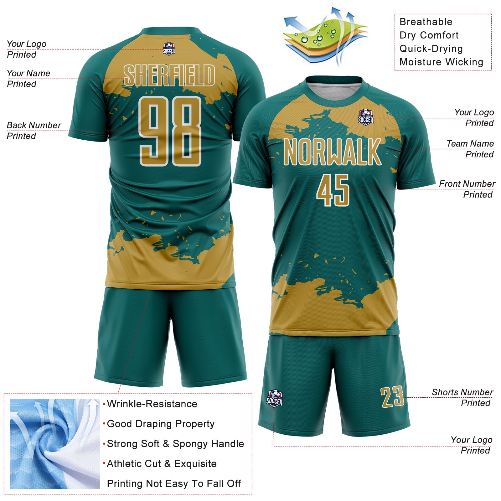 Custom Teal Old Gold-White Abstract Fragment Art Sublimation Soccer Uniform Jersey view 4
