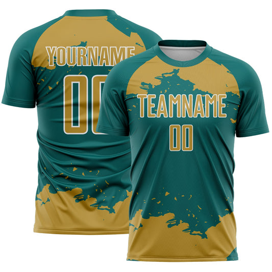 Custom Teal Old Gold-White Abstract Fragment Art Sublimation Soccer Uniform Jersey - Main View
