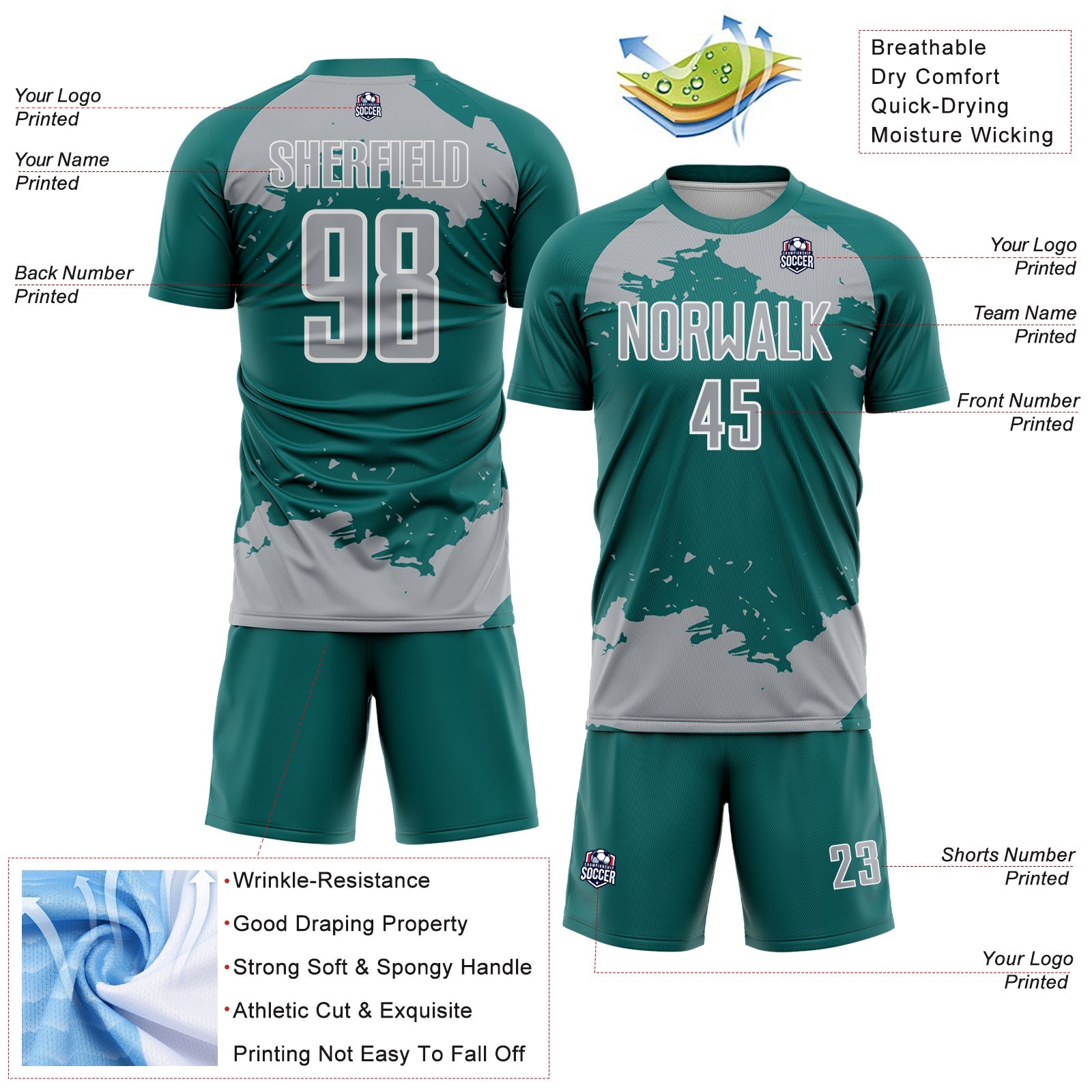 Custom Teal Gray-White Abstract Fragment Art Sublimation Soccer Uniform Jersey view 4