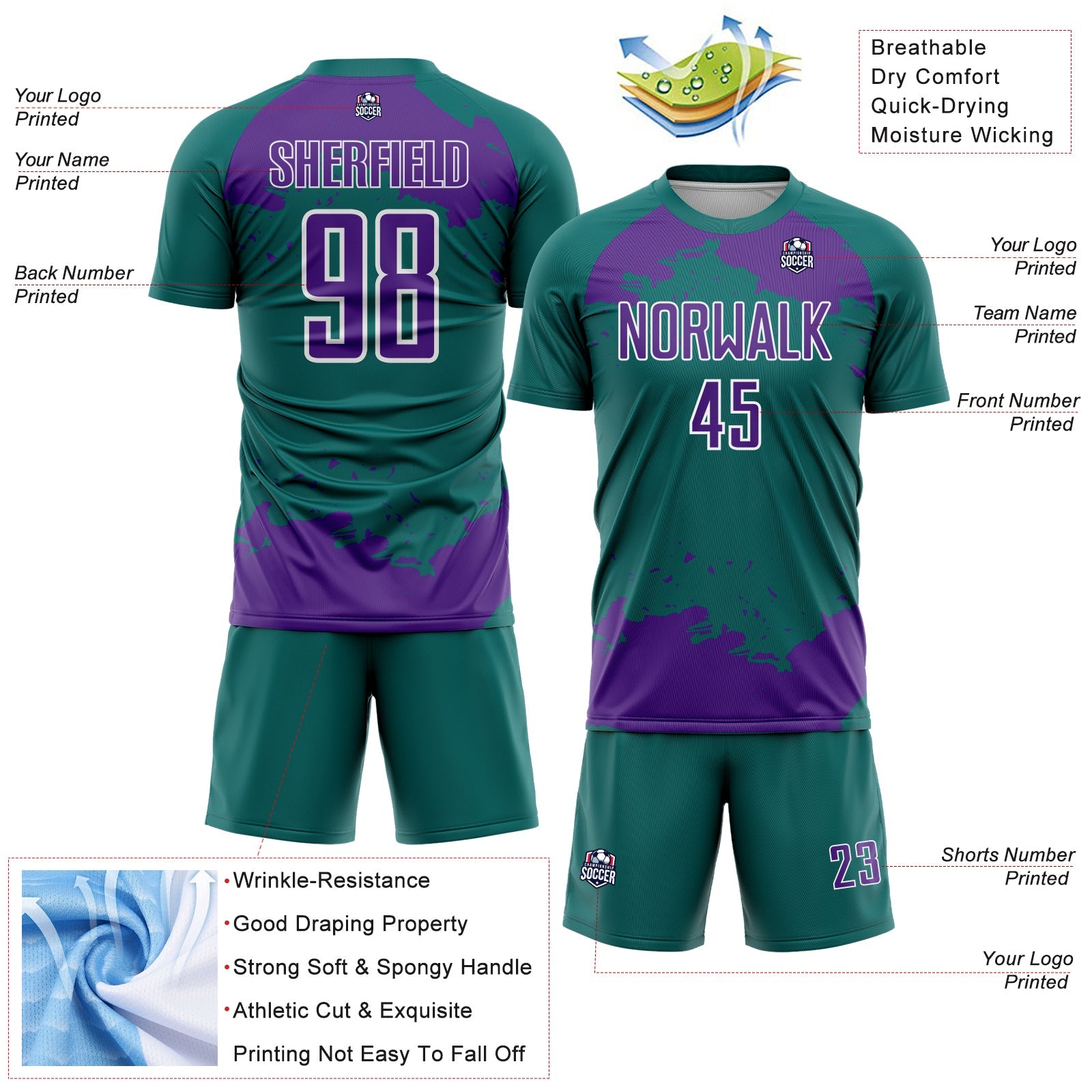 Custom Teal Purple-White Abstract Fragment Art Sublimation Soccer Uniform Jersey view 4