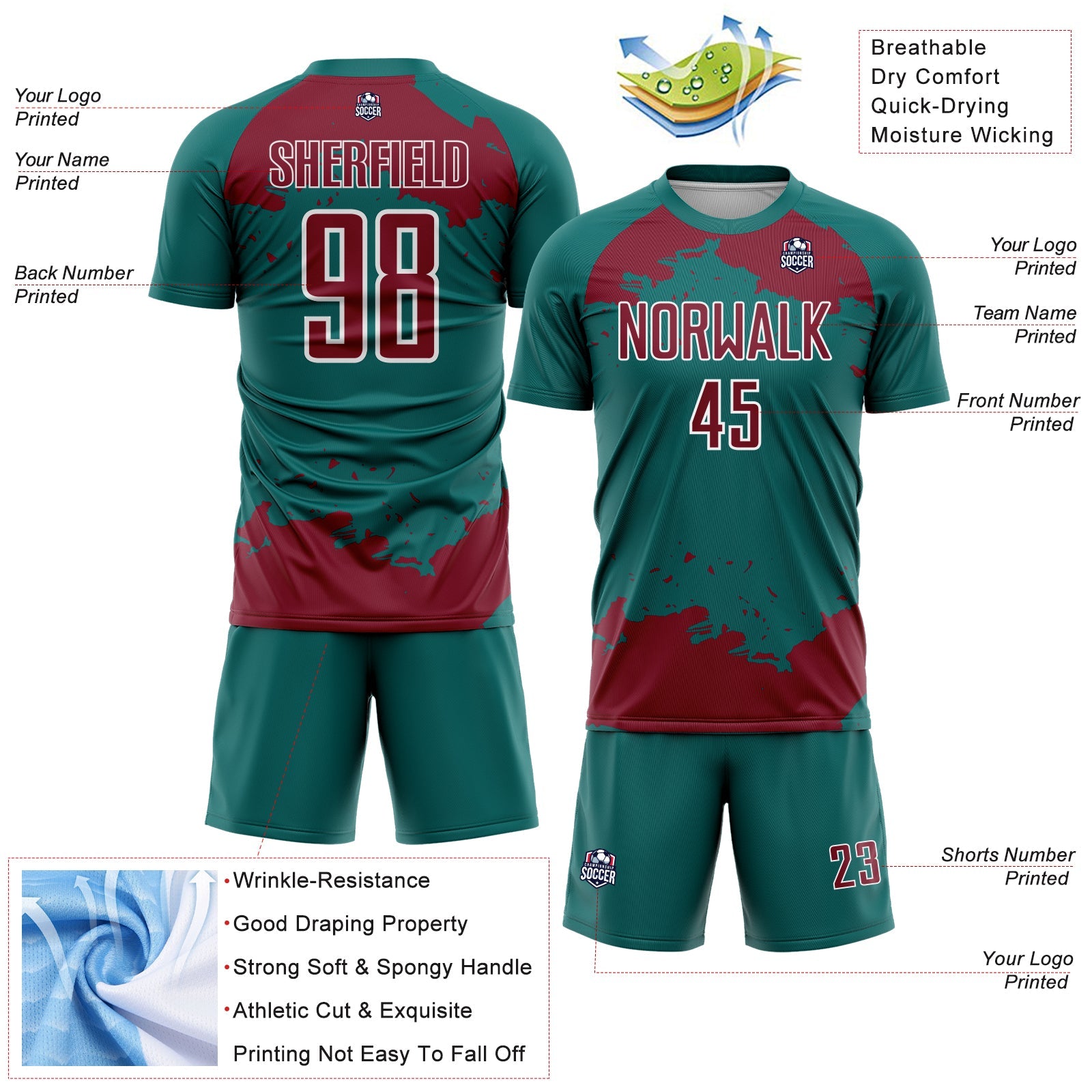 Custom Teal Crimson-White Abstract Fragment Art Sublimation Soccer Uniform Jersey view 4