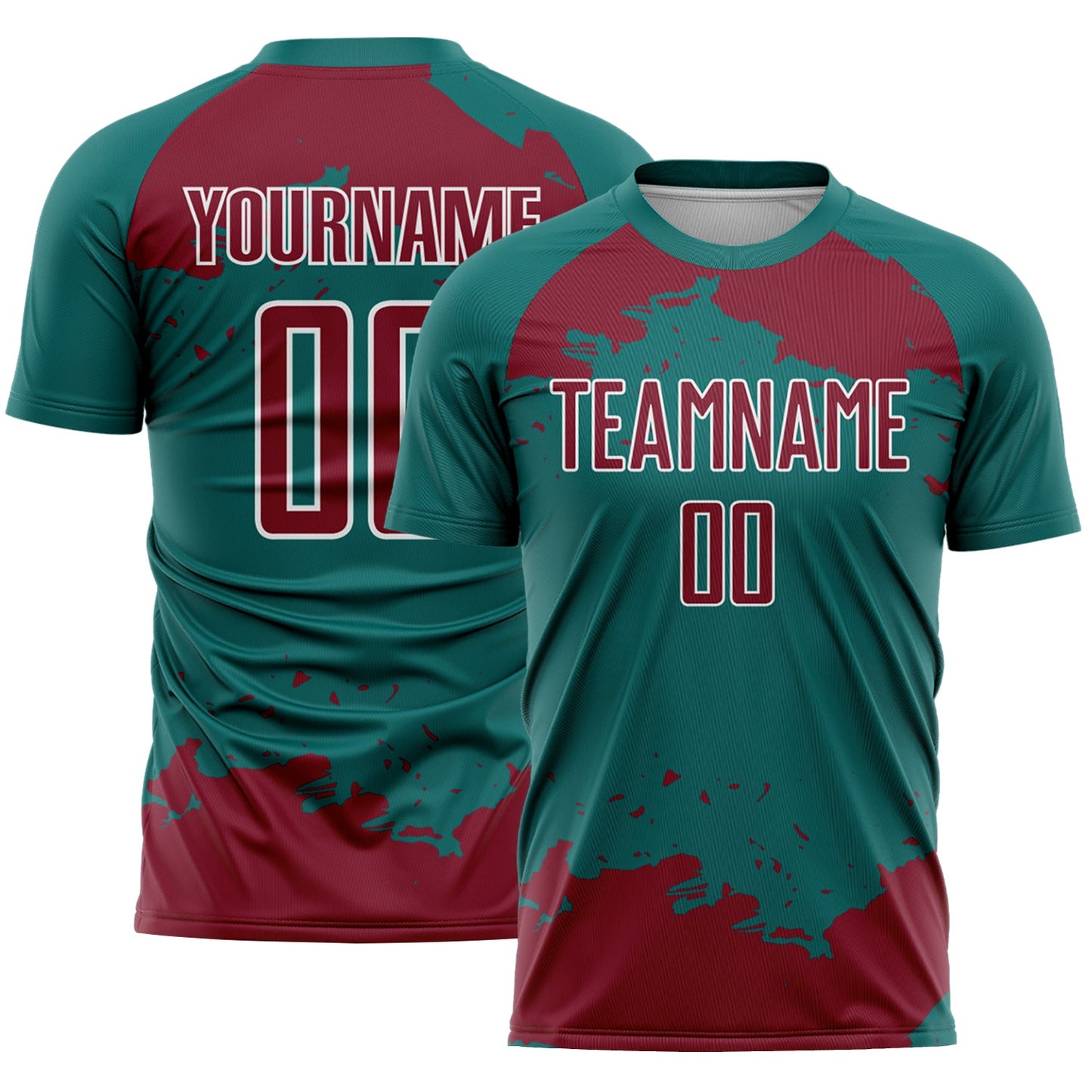 Custom Teal Crimson-White Abstract Fragment Art Sublimation Soccer Uniform Jersey - Main View