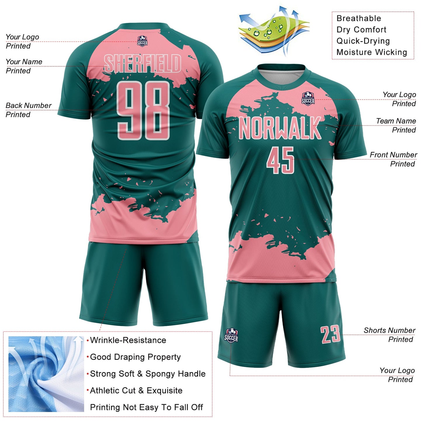 Custom Teal Medium Pink-White Abstract Fragment Art Sublimation Soccer Uniform Jersey view 4