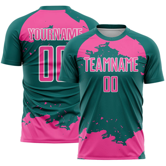 Custom Teal Pink-White Abstract Fragment Art Sublimation Soccer Uniform Jersey - Main View