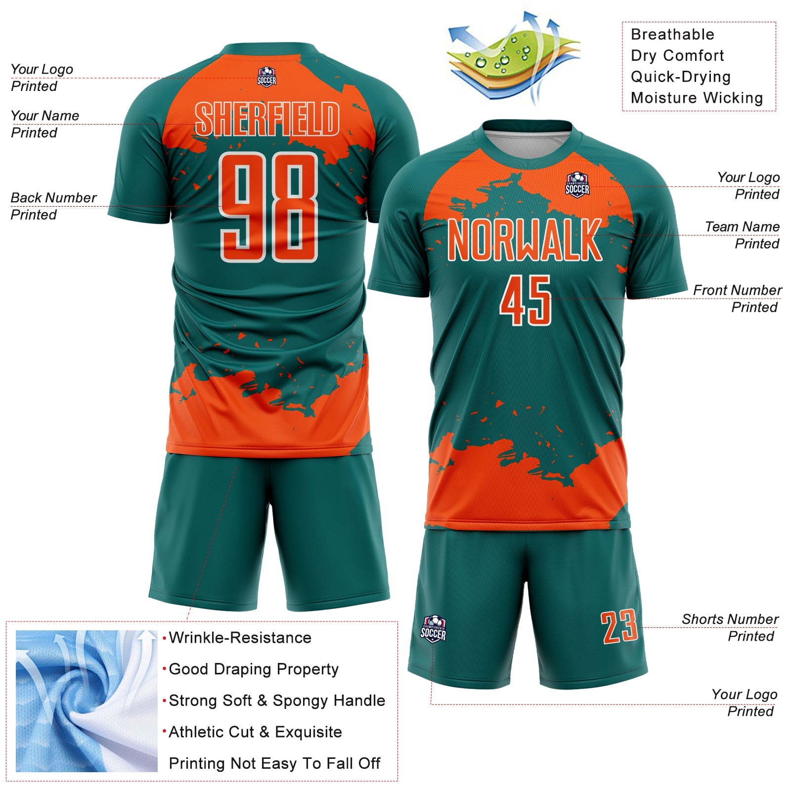 Custom Teal Orange-White Abstract Fragment Art Sublimation Soccer Uniform Jersey view 4