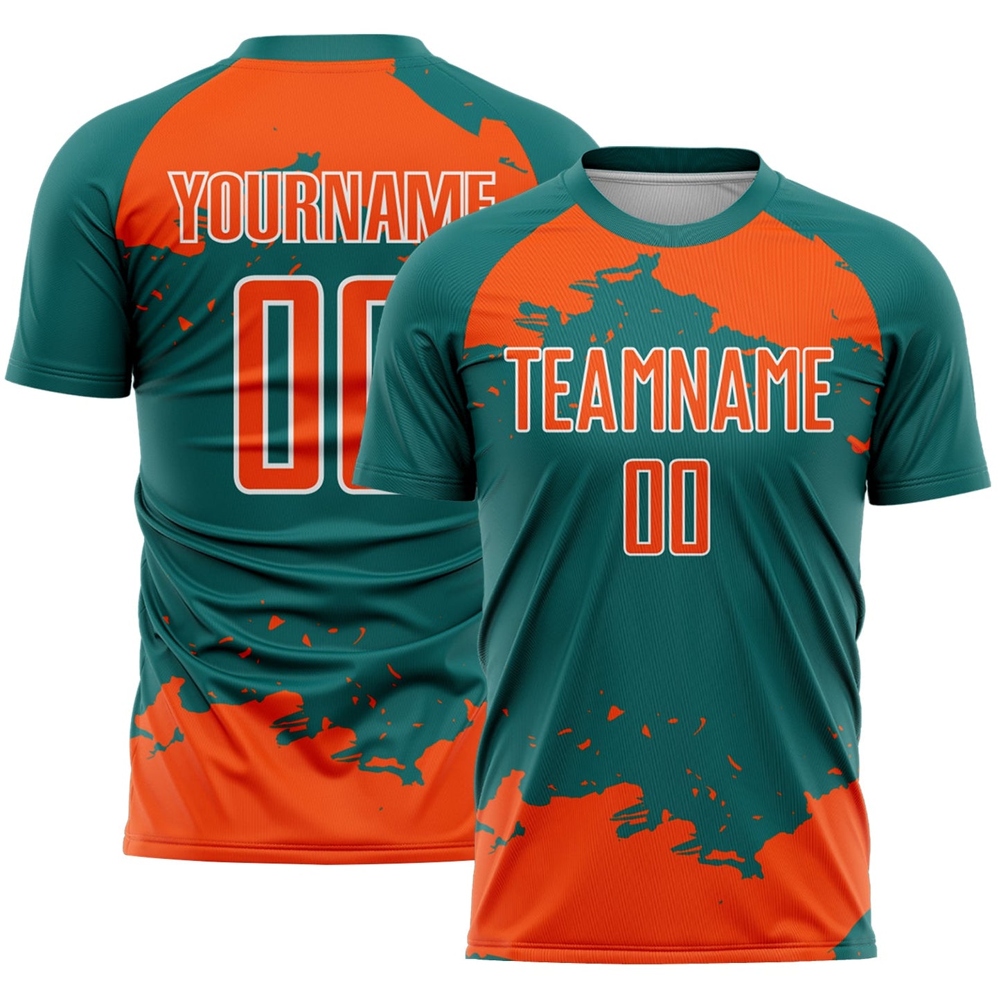 Custom Teal Orange-White Abstract Fragment Art Sublimation Soccer Uniform Jersey - Main View