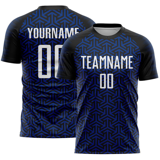 Custom Black White-Royal Geometric Arrow Sublimation Soccer Uniform Jersey - Main View
