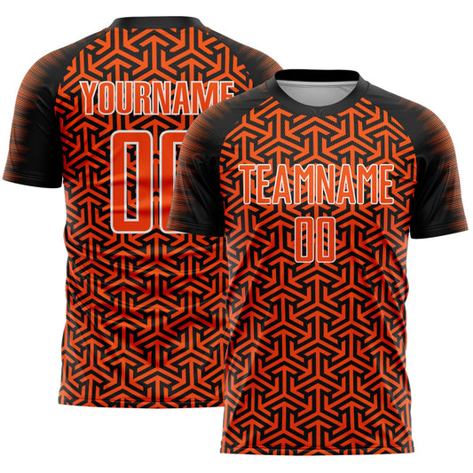 Custom Black Orange-White Geometric Arrow Sublimation Soccer Uniform Jersey - Main View