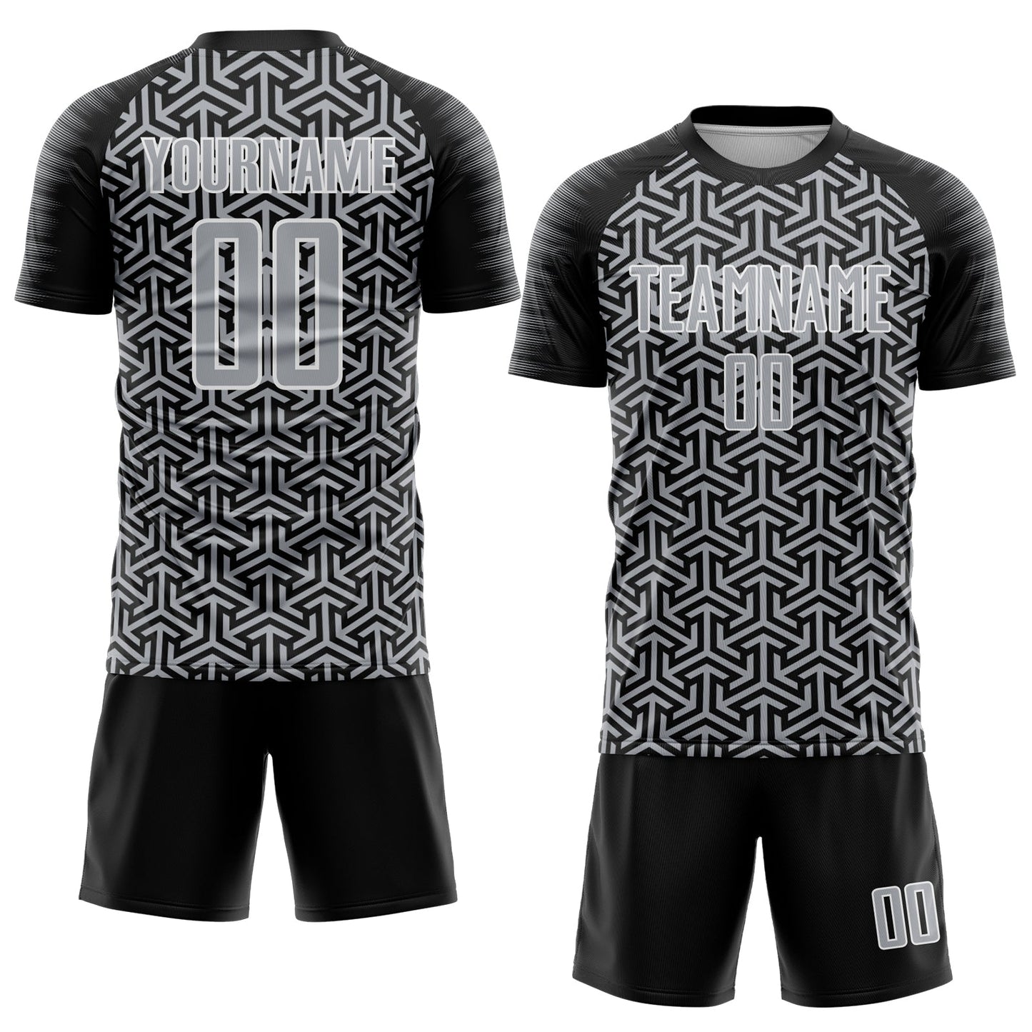 Custom Black Gray-White Geometric Arrow Sublimation Soccer Uniform Jersey view 2