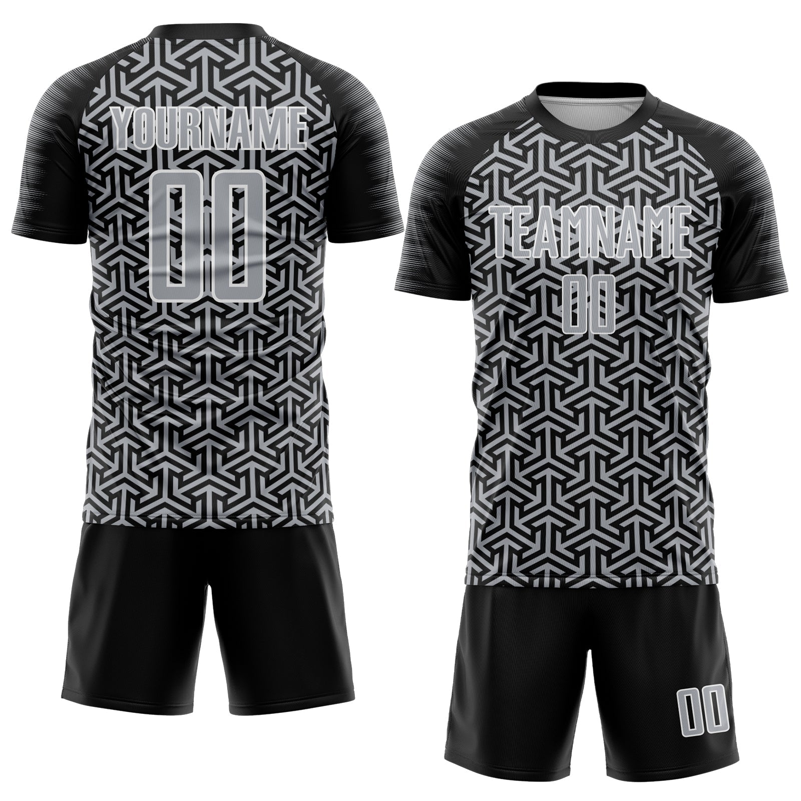 Custom Black Gray-White Geometric Arrow Sublimation Soccer Uniform Jersey view 2