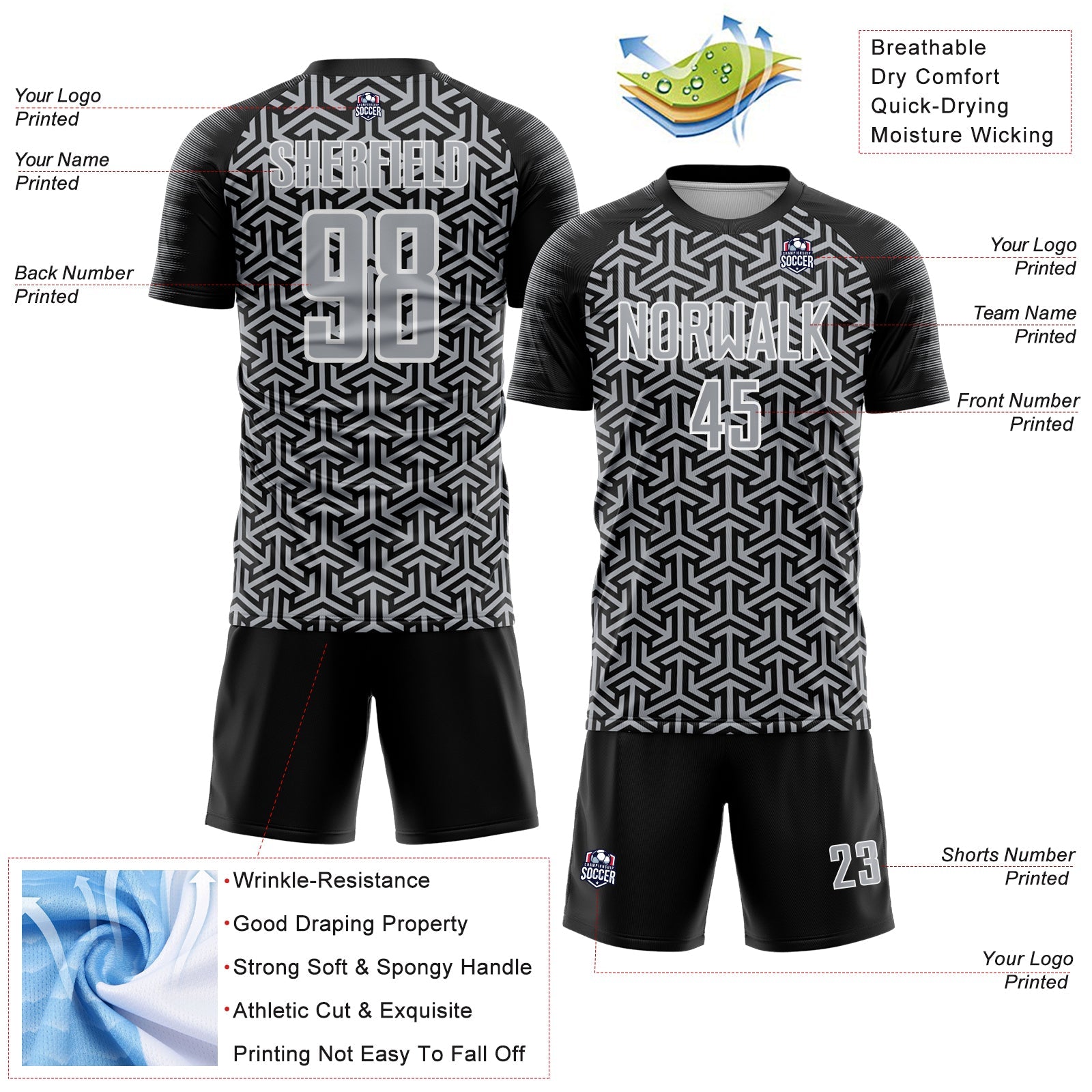 Custom Black Gray-White Geometric Arrow Sublimation Soccer Uniform Jersey view 4