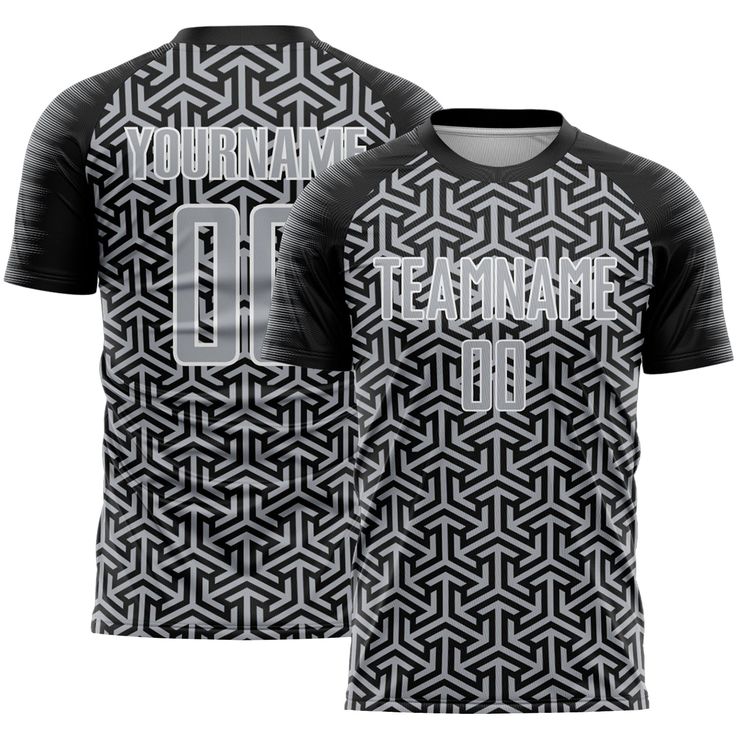 Custom Black Gray-White Geometric Arrow Sublimation Soccer Uniform Jersey - Main View