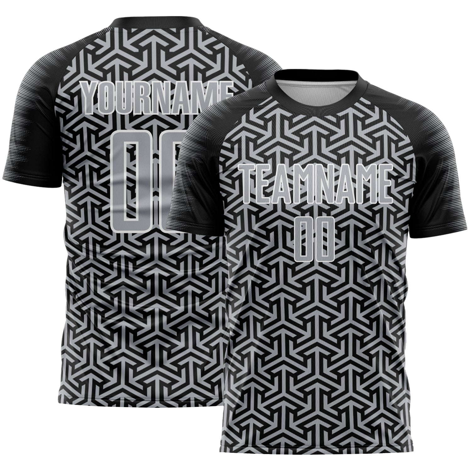 Custom Black Gray-White Geometric Arrow Sublimation Soccer Uniform Jersey - Main View